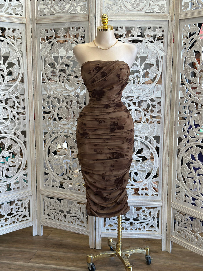 Strapless Autumn Floral Dress- Stretchy, Estira