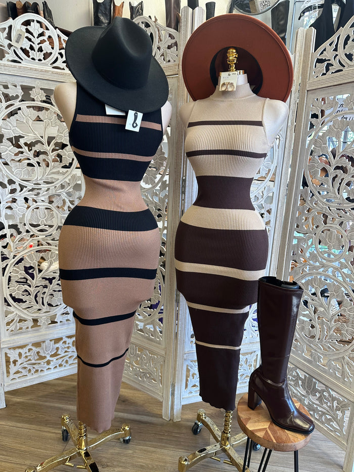 Striped Ribbed Sweater Mock Neck Dress- Stretchy