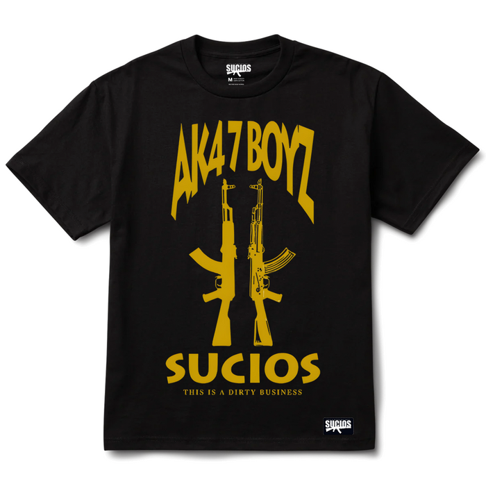 Black t-shirt with yellow graphics and text on a white background