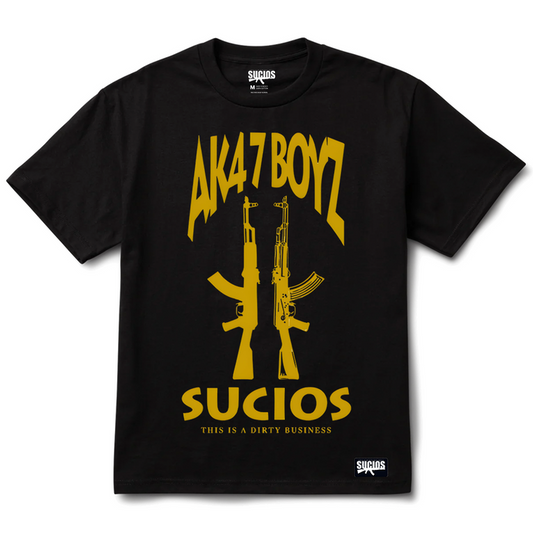 Black t-shirt with yellow graphics and text on a white background