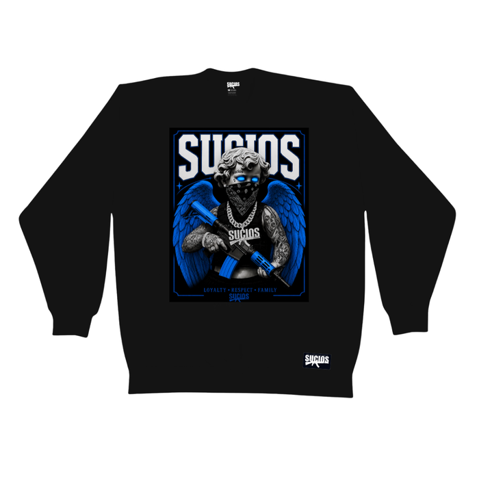 Black sweatshirt with graphic design and 'Sucios' branding on a white background