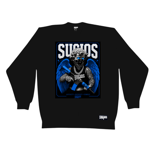 Black sweatshirt with graphic design and 'Sucios' branding on a white background