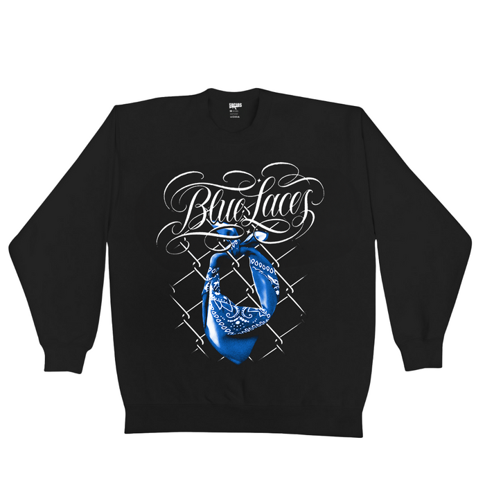 Sucios brand, Black sweatshirt with blue bandana and 'Blue Laces' text on a white background