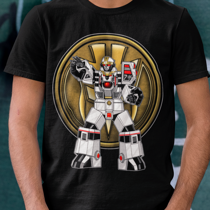 Super Sentai Inspired Power rangers T shirt featuring White tigerzord posing in front of White Ranger Coin
