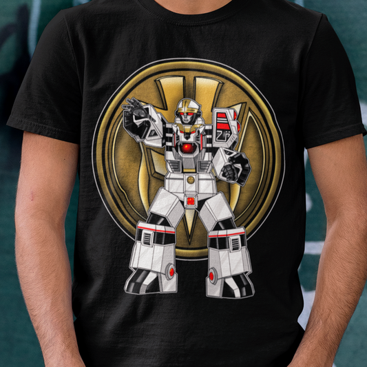 Super Sentai Inspired Power rangers T shirt featuring White tigerzord posing in front of White Ranger Coin
