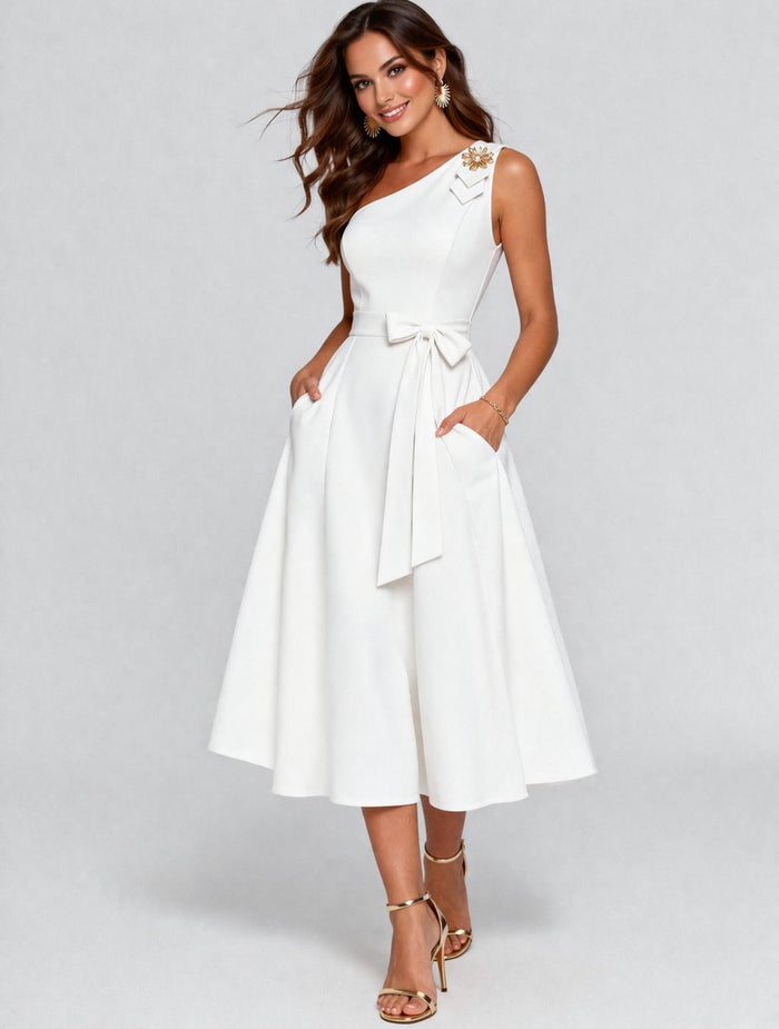 White Brass Detail Flare  Dress - Estira, Stretchy