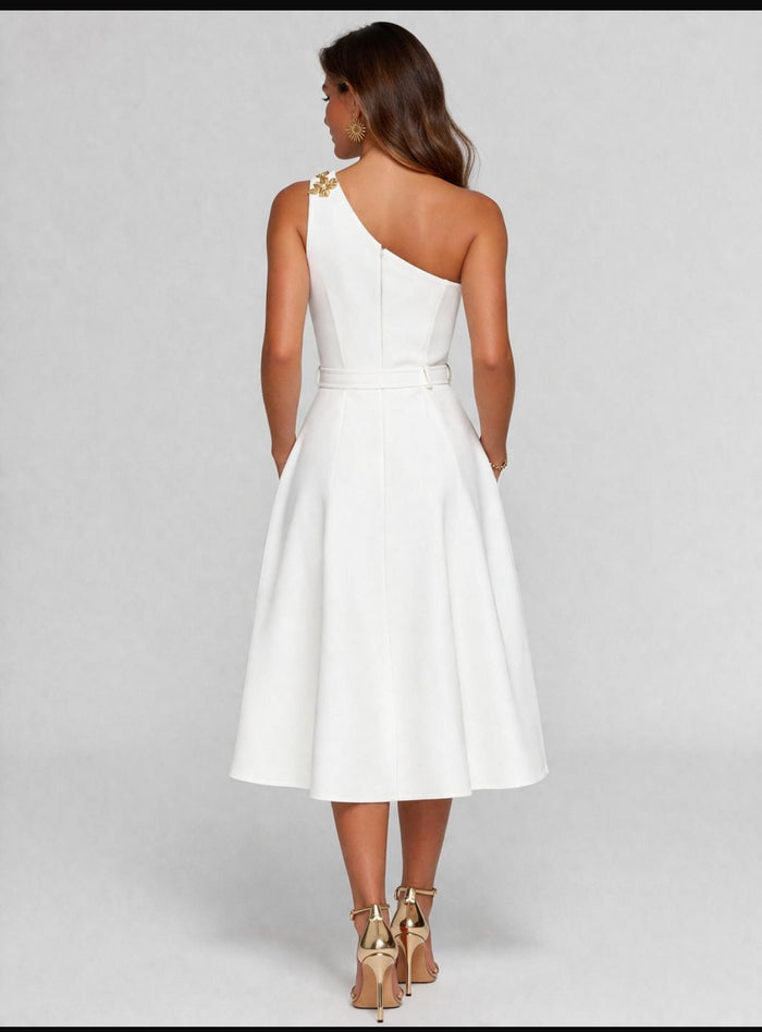 White Brass Detail Flare  Dress - Estira, Stretchy