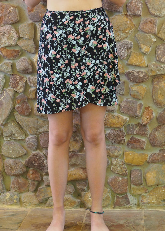 Wrap-Around Mini Skirt - Black with Blue Floral