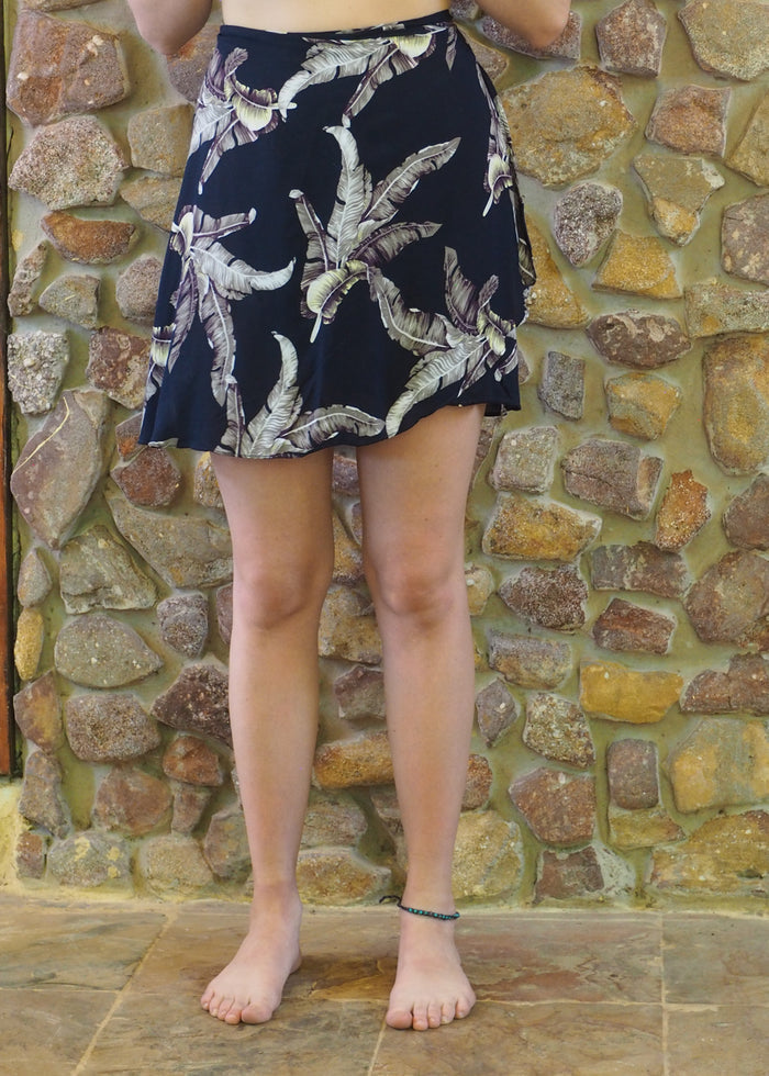 Wrap-Around Mini Skirt - White Ferns on Navy