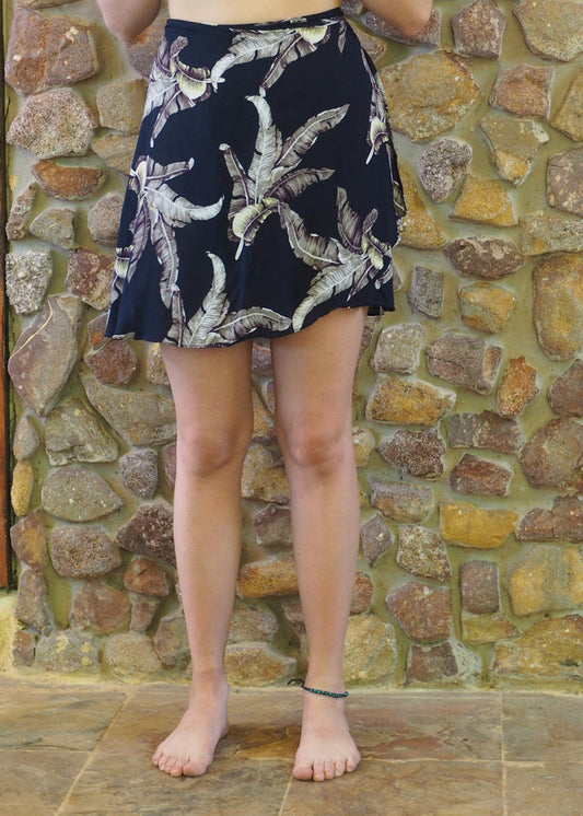 Wrap-Around Mini Skirt - White Ferns on Navy