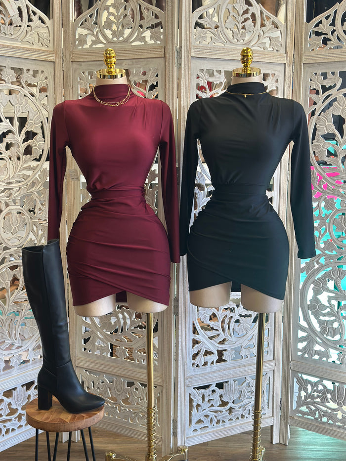 Wrapped Long Sleeve Mini Dress- Stretchy,Estira