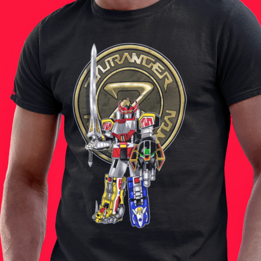 Super Sentai Inspired Zyuranger T shirt featuring the mecha megazord in front of logo