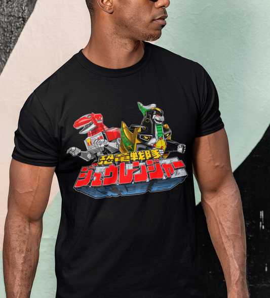 Super Sentai Inspired Zyuranger T shirt featuring red Trex megazord and green ranger dragonzord